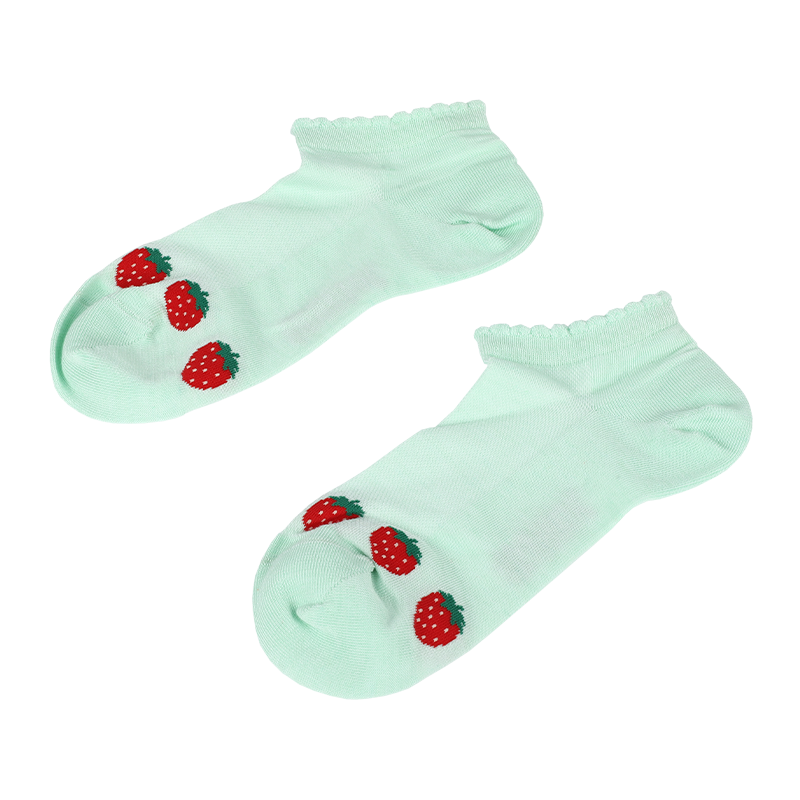 Calze da donna all'ingrosso personalizzate in maglia traspirante con motivo a fragola e tacco basso cucito a Y