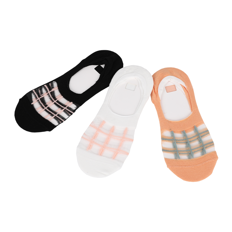Calze da donna OEM jacquard novità trasparenti con motivo scozzese invisibili senza cuciture con silicone antiscivolo all'interno del tallone